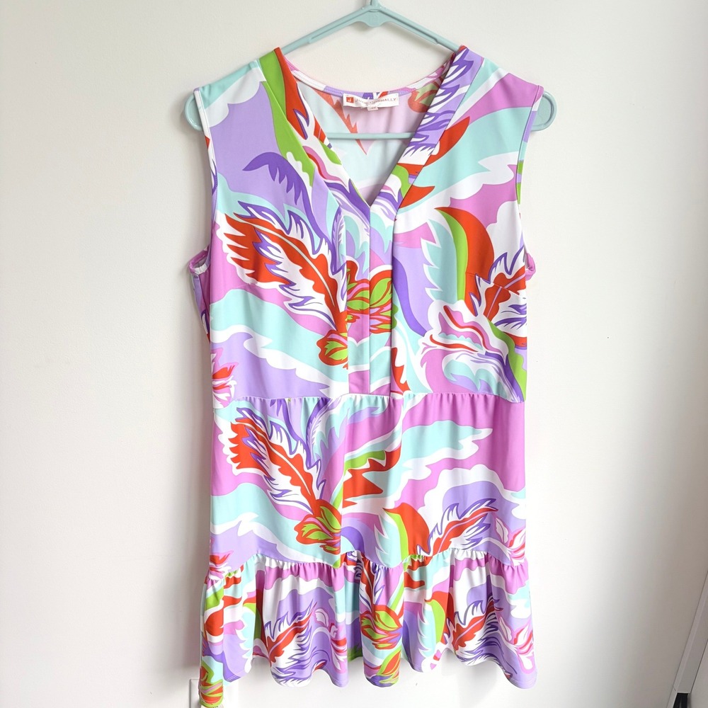 Jude Connally Tennis Dress‎ L Tropical Multi Color Sleeveless Tier Ruffle V-Neck